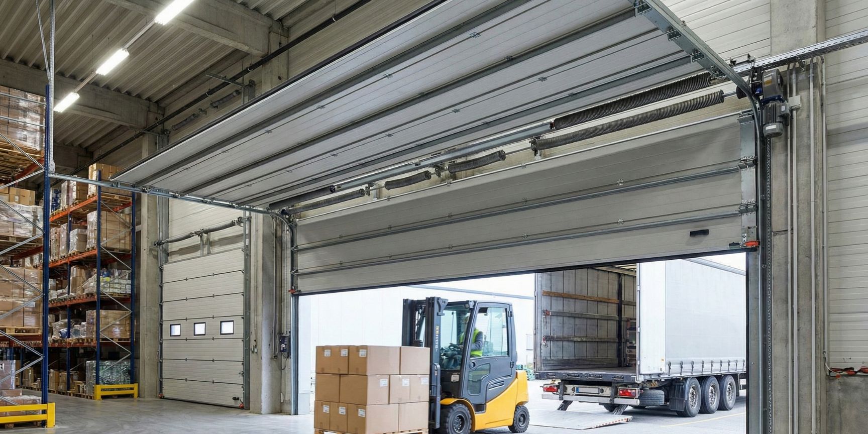 Innenansicht einer Logistikhalle, in der ein großes Sektionaltor unter die Decke gefahren ist, um einem Gabelstapler mit Paletten die Durchfahrt zu einem angedockten LKW zu ermöglichen. Die technischen Komponenten wie Torsionsfederwelle, elektrische Antriebseinheit und Deckenschienen sind deutlich sichtbar